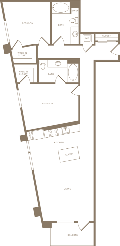 Floor plan for 2 beds, 2 baths, 1249 sqft
